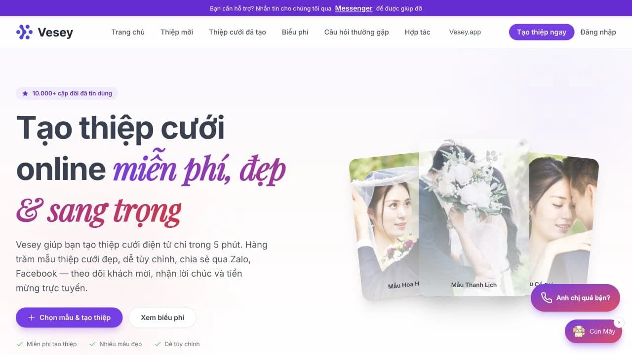 Trang chủ Vesey — nền tảng tạo thiệp cưới online